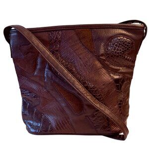 Patchwork Crossbody Bucket Bag Vintage 80s Brown Retro Hobo Purse Exotic Fashion